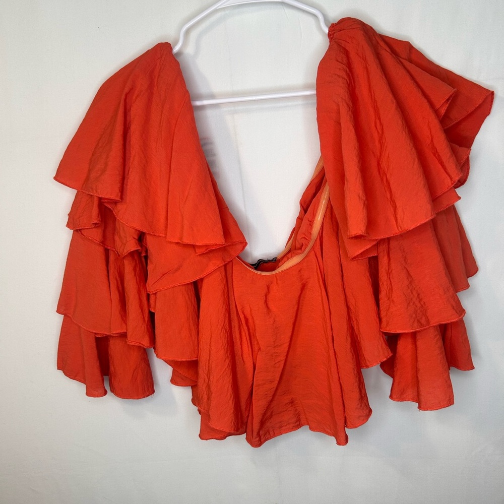 PRETTYLITTLETHING BRIGHT ORANGE WOVEN BARDOT TIERED SLEEVE CROP TOP SIZE 8